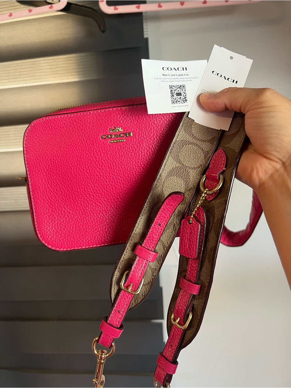COACH Hot Pink Pebbled Leather Crossbody with Signature Canvas Strap